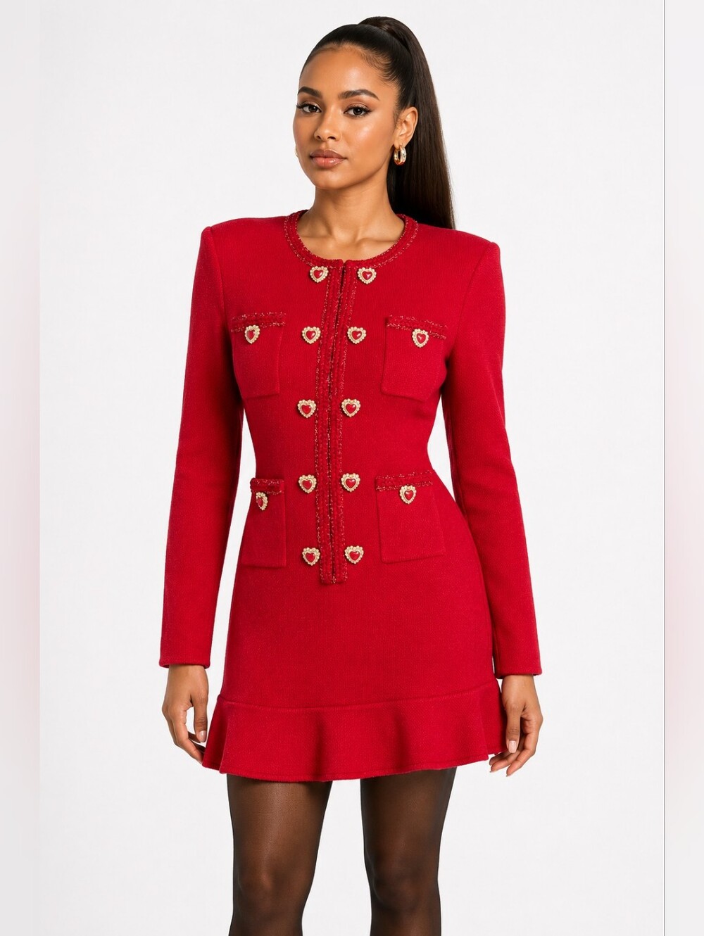 Self-Portrait Red Knit Heart Button Jacket Mini Dress Size L